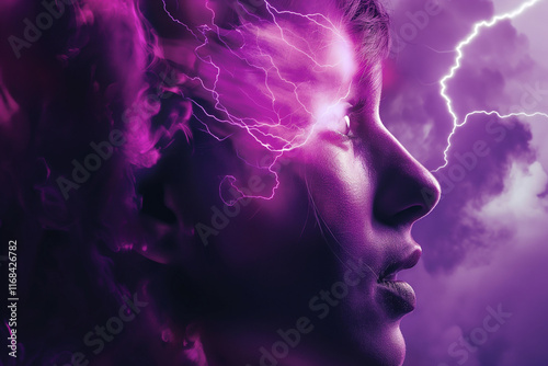 Woman suffering from epilepsy. Purple female face with copy space representing epilepsy or seizure disorder. Epilepsy awareness concept.