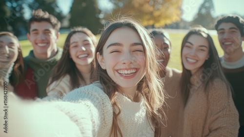 Smiling group of young friends taking a selfie outdoors on a sunny autumn day. Warm sweaters and vibrant scenery create a cheerful vibe.
