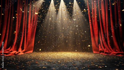 Red curtains, stage lights, confetti, awards ceremony.