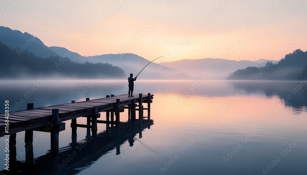 Obraz premium Person fishing on wooden pier at misty lake during sunrise. Peaceful mountain landscape with foggy water surface. Serene outdoor recreation scene. Nature meditation moment