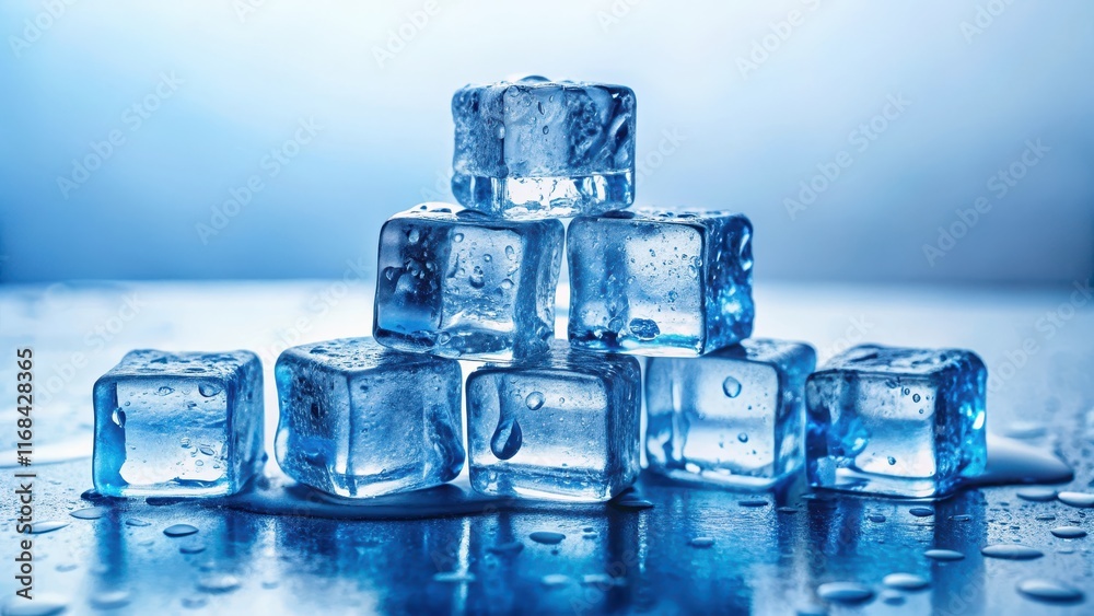 A stack of blue ice cubes sitting on a white surface, with some scattered in the background A stack of blue ice cubes sitting on a white surface, with some scattered in the background