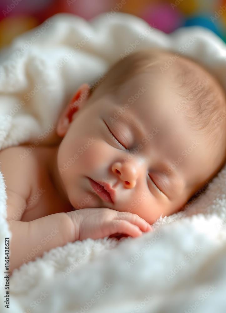 Peaceful sleeping caucasian baby wrapped in soft white blanket close-up portrait. Tender newborn infant resting. Sweet dreams childhood moment for nursery, parenting blog, medical articles Peaceful sleeping caucasian baby wrapped in soft white blanket close-up portrait. Tender newborn infant resting. Sweet dreams childhood moment for nursery, parenting blog, medical articles