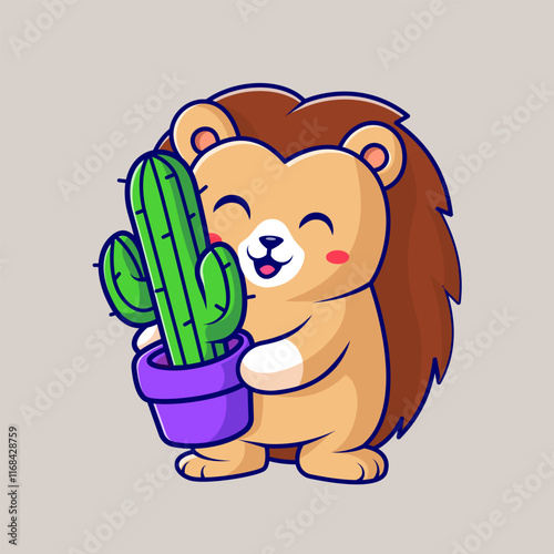 Cute Hedgehog Holding Cactus Cartoon Vector Icon 
Illustration. Animal Nature Icon Concept Isolated Premium 
Vector. Flat Cartoon Style  photo