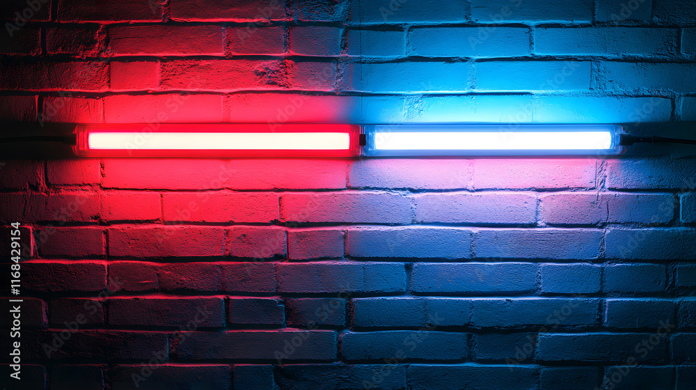 Rays neon light on neon brick wall. Empty scene.
Rays neon light on neon brick wall. Empty scene.