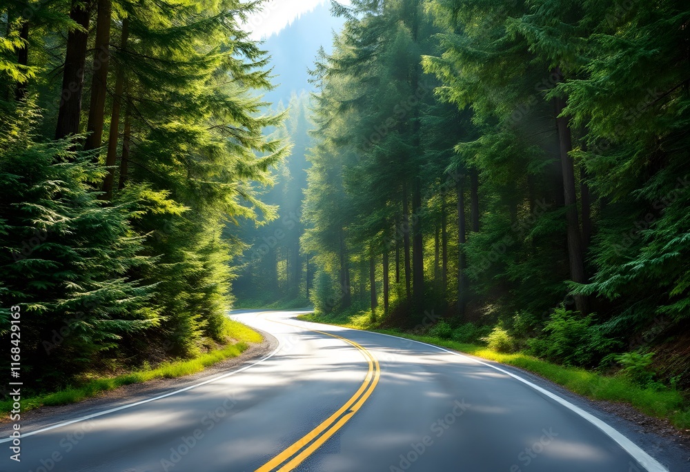 Naklejka premium Winding mountain road through dense evergreen forest in morning sunlight. Scenic summer highway in green pine woods. Empty asphalt route with double yellow line for travel concept