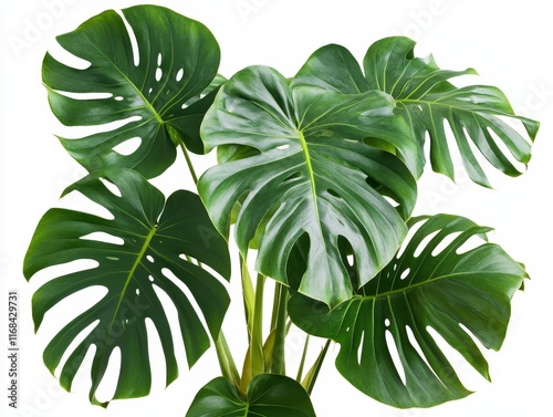 Lush green Monstera deliciosa plant with large, split leaves isolated on white background. photo