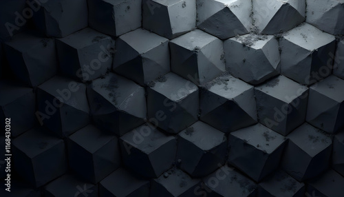 Fondo oscuro y futurista, con bloques piramidales. Textura de pared con un patrón de baldosas o ladrillos en 3D.