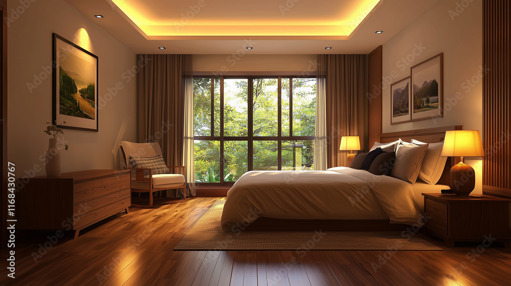 Fototapeta premium Modern bedroom with wooden flooring, warm lighting, and large window view.