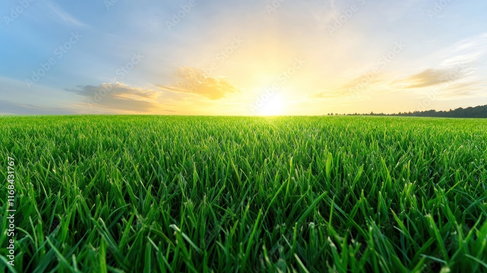 Lush green grass field under a vibrant sunrise sky. Lush green grass field under a vibrant sunrise sky.