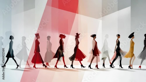 Fashion Models in Dynamic Poses on Runway, Showcasing Elegance and Vibrant Style