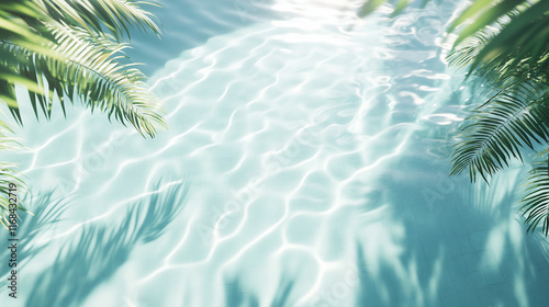A top-down view of a crystal-clear swimming pool with rippling water reflecting sunlight, creating soft waves and patterns