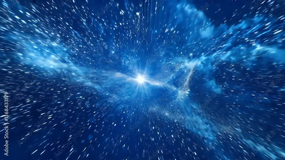 Take breathtaking journey deep blue interstellar landscapes stars clouds cosmic particles fly seamless looping footage