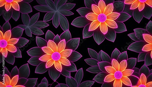 Neon Flowers Dark Background Floral Design