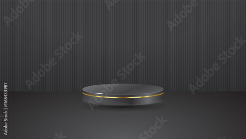 Luxury 3D Sleek Black Podium with Gold Trim Under Spotlight for Product Display, Showroom, Showcase, and Mockup