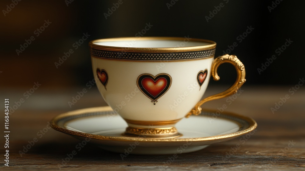 Fototapeta premium Elegant teacup and saucer with heart design on wooden surface.