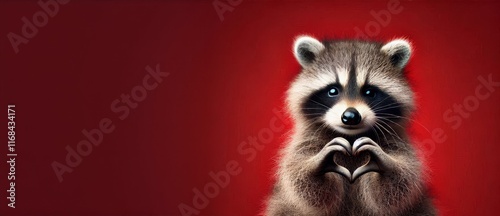 Funny animal Valentines Day, love, wedding celebration concept greeting card - Cute raccoon on red background	