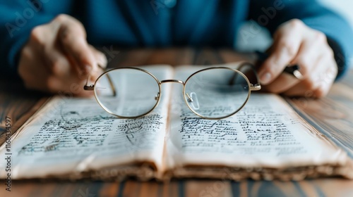 Benjamin Franklin Day. A vintage close-up of bifocal glasses resting on an open, handwritten journal, evoking a sense of history and learning. photo