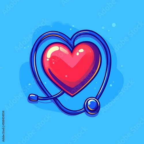 A red heart encircled by a blue stethoscope
