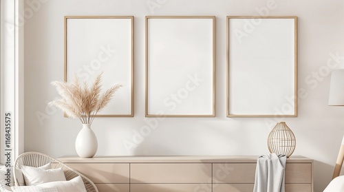 Elegant Contemporary Living Space with Trio of Empty Picture Frames - Perfect for Artists' Portfolio Templates - 1