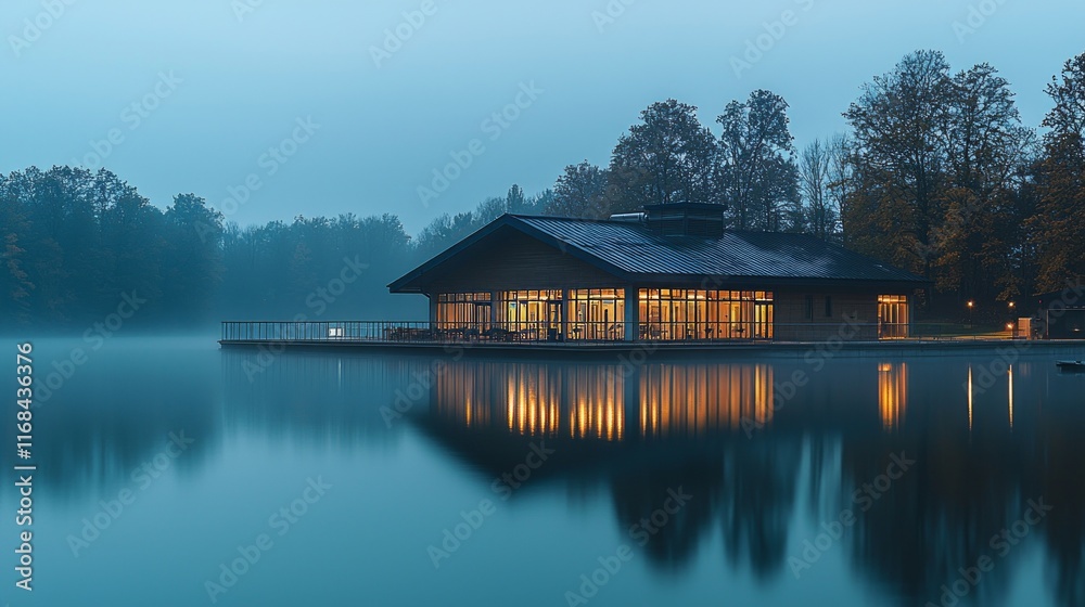 Obraz premium Serene Lakeside Building at Dusk