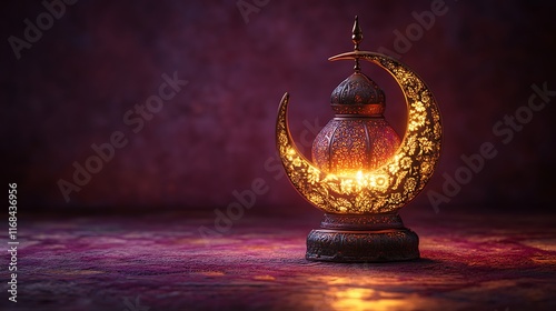 Illuminated Crescent Moon Lantern Festive Ramadan Decor photo