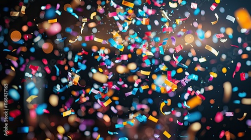 Colorful confetti shower fills the air during a lively celebration in a festive indoor setting at night