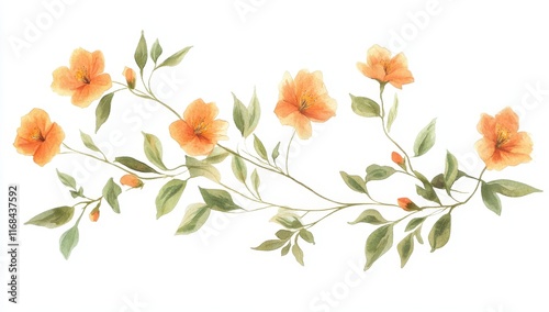 Watercolor orange flowers and green leaves branch.