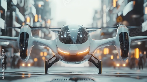 Futuristic electric flying vehicle ready for takeoff in a neon-lit urban landscape. photo