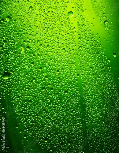 Drops on green background, water droplets on vibrant green tones, lime abstract close-up with moisture shimmering on surface, refreshing dew collecting, reflecting light in intricate patterns on lush  photo