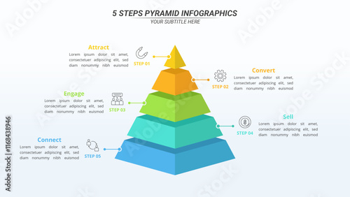 5 Steps Pyramid Infographic with Editable Text on a 16:9 Layout for Business Presentation, Poster, Banner and Booklet.