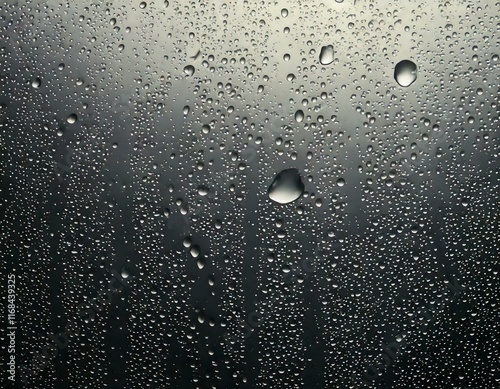 Water drops rain, droplet, on black background. Condensation, process, substance, moisture, condensation droplets, water molecules, surface, liquid, evaporation, cold surface, forming drops, weather p