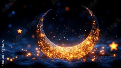 Ornate Crescent Moon Glowing With Stars In Night Sky