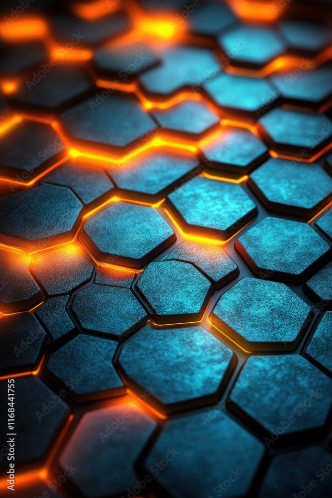 Futuristic glowing hexagonal pattern with blue metallic textures and vibrant orange light accents creating a high-tech abstract design.
Futuristic glowing hexagonal pattern with blue metallic textures and vibrant orange light accents creating a high-tech abstract design.