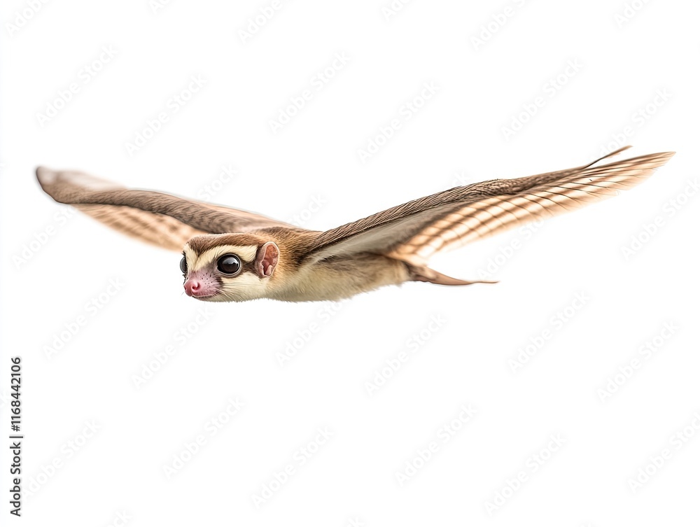 Obraz premium A flying sugar glider with outstretched wings against a white background.