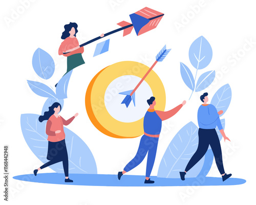 Business Teamwork Achieving Goals, Colleagues Climbing Arrows to Reach Target, Career Growth, Leadership, Success Path, Modern Minimalist Flat Vector Illustration