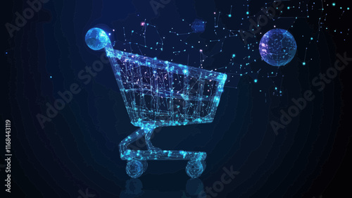 Abstract Digital Shopping Cart in Starry Universe with Planets and Stars - Minimalist Vector Illustration