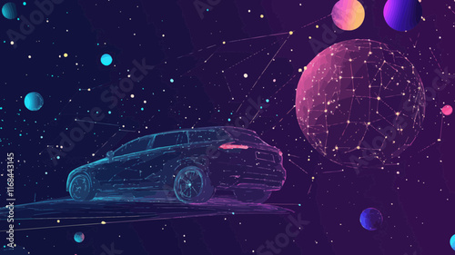 Futuristic Abstract Vector Car in Starry Universe with Planets, Stars and Space Elements, Minimalist Polygonal Design for Technology and Transport Concepts