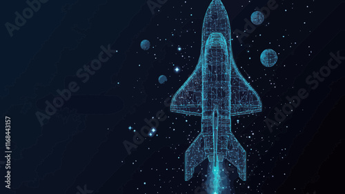 Abstract Starry Sky Space Shuttle Wireframe: Cosmic Universe with Planets and Stars in Flat Minimalist SVG Vector for Futuristic and Space Exploration Concepts