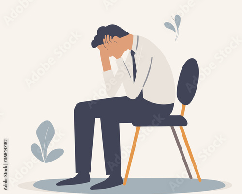 Frustrated Businessman with Head in Hands Depicted in Minimalist Vector Art, Representing Business Failure, Financial Loss, Stress, and Anxiety