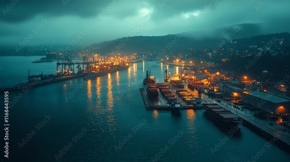 Fototapeta premium Nighttime Port Scene with Illuminated Cargo Ships