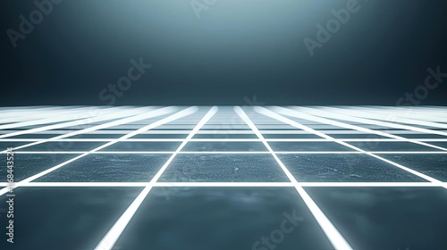 Grid abstract background idea. Futuristic grid floor with glowing lines and smooth surface in a dark space.