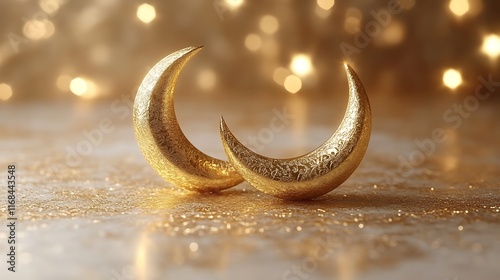 Two Golden Crescents Resting on a Glittering Surface