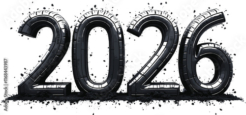 Tire sign 2026 Happy New Year 2025 Grunge Tyre track Black and white. Urban Vector Texture Template