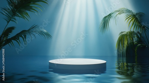 3d background product display podium scene with leaf geometric platform,cloud and sky, palm shadows and white stone podium,Mockup for eco beauty cosmetic advertising,Copy space.