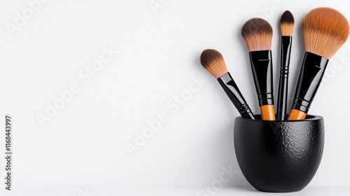 Set of Makeup Brushes in Black Holder on Minimalist Background
