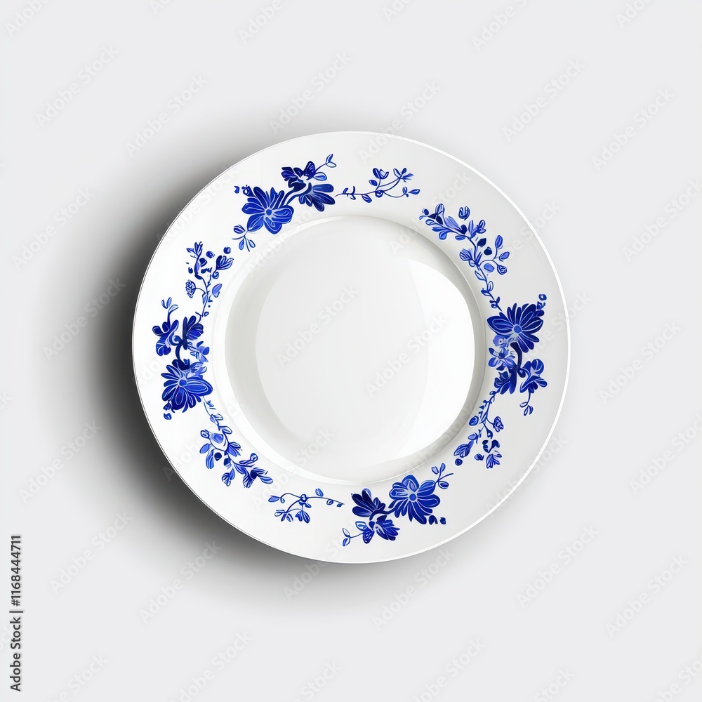 Elegant White Plate with Blue Floral Design for Culinary and Table Setting Photography Elegant White Plate with Blue Floral Design for Culinary and Table Setting Photography