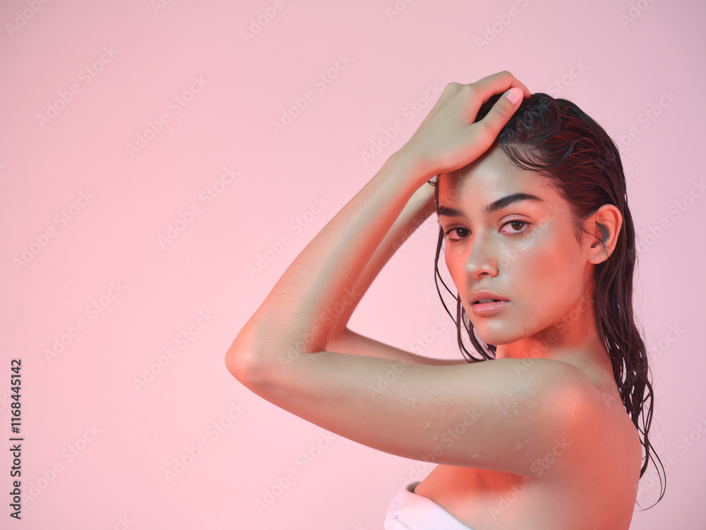 Fototapeta premium Young Woman Pink Background Beauty Shot - Space For Copy