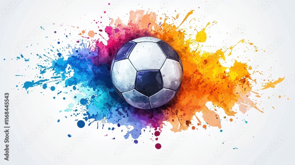 Naklejka premium Artistic soccer ball with vibrant watercolor splash in multiple colors on white background