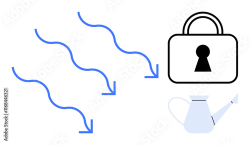 Blue wavy arrows flowing downward near a watering can and a padlock with keyhole. Ideal for gardening tips, water management, irrigation systems, water security, environmental awareness, home