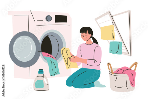 Vector illustration of woman doing laundry, with washing machine, drying rack, and laundry basket, utility room or laundromat. Simple and colorful flat character, detergent doodle in cartoon style